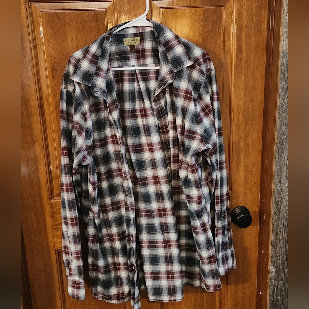 Sonoma Plaid Button-Down Shirt - Burgundy, Navy, White